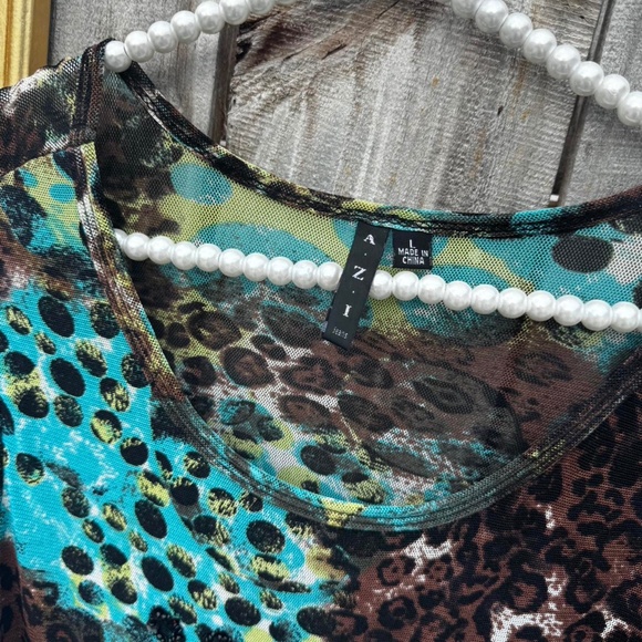 sheer mesh leopard print blouse sequins blue brown green long sleeve - Picture 6 of 7